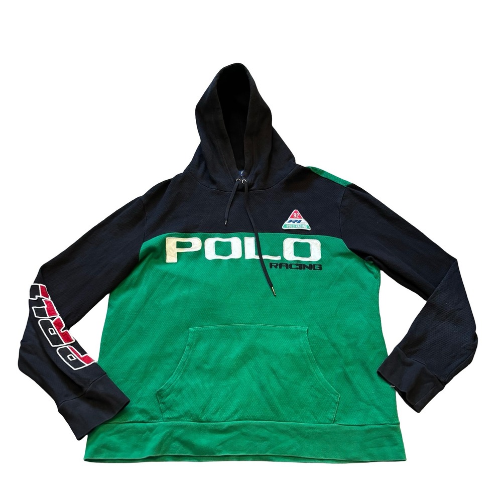Polo‎ Ralph Lauren Racing Hoodie Mens Large Green Black Colorblock Sweatshirt 92